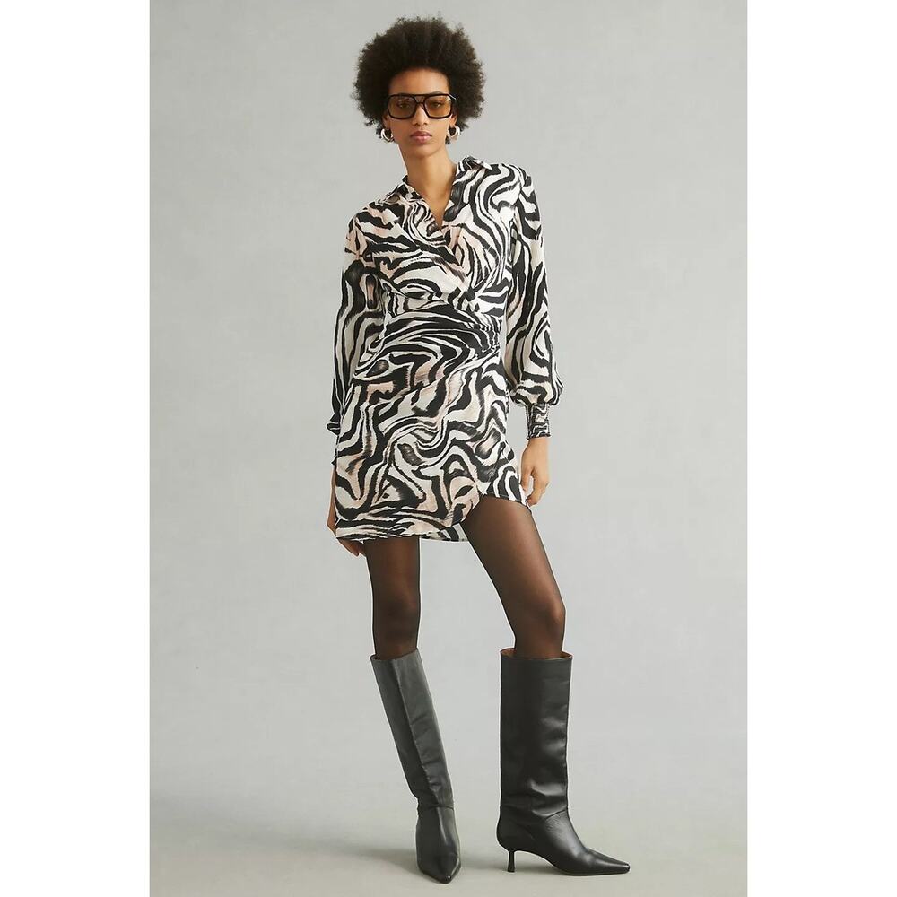 Anthropologie Zebra Animal Print Faux Wrap Mini Dress Long Sleeve Size 14 - Picture 1 of 14